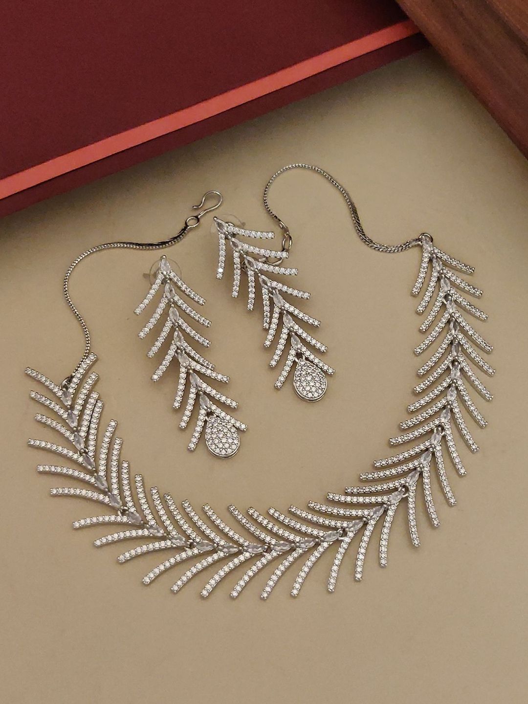 ABDESIGNS Silver Plated American Diamond Studded Necklace With Earring Set-image-8