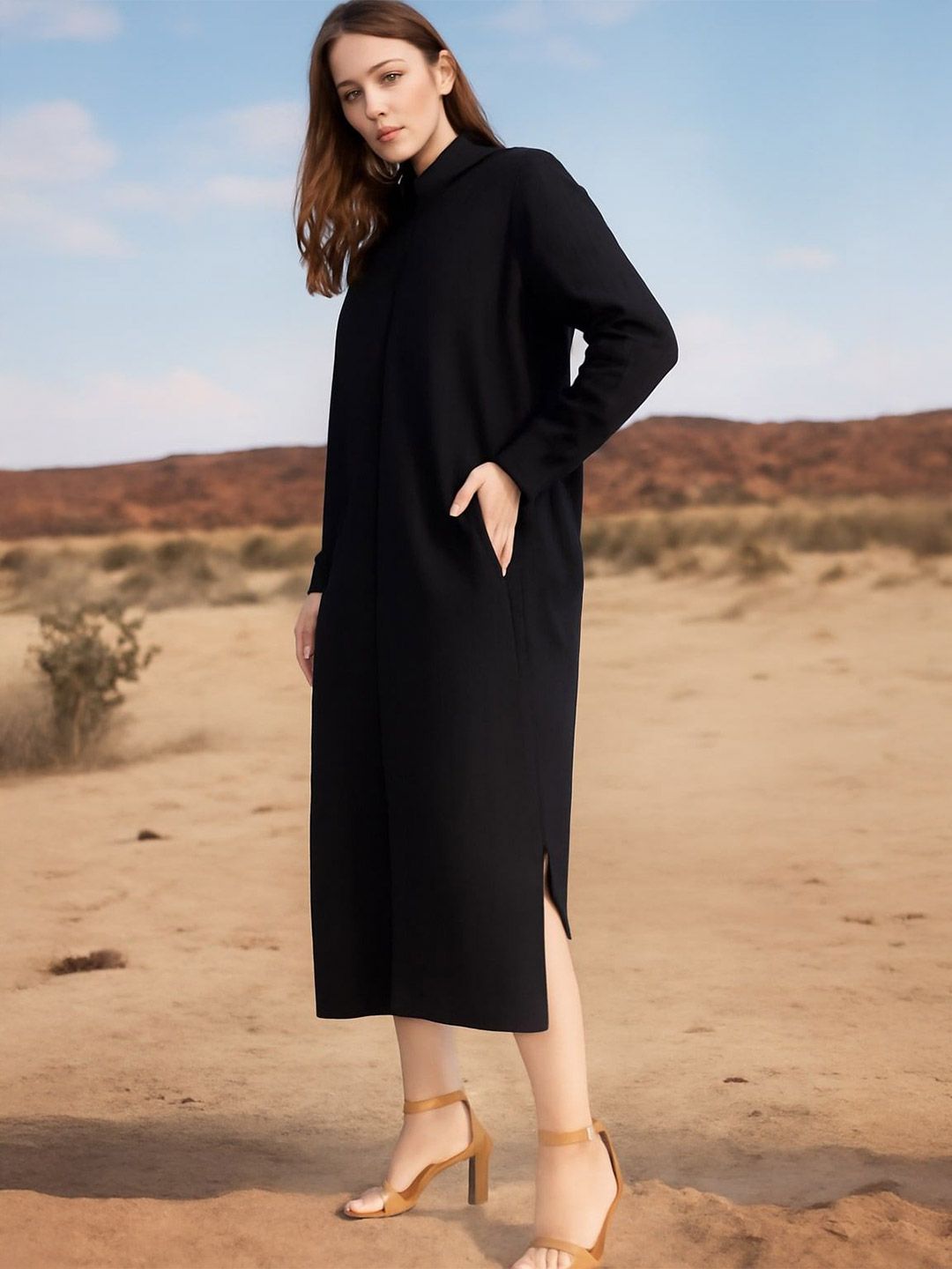 VANGULL Women Solid Cotton Shirt Midi Dresses-picture-24