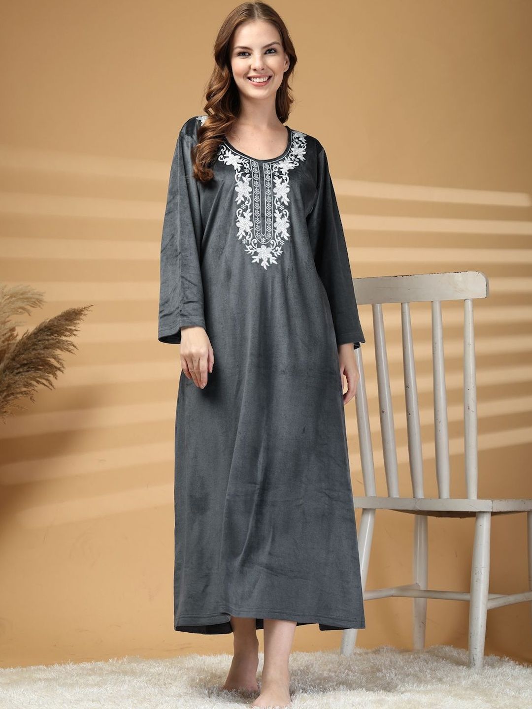 KLOTTHE Women Grey Solid Soft touch Velvet Maxi Nightdress-picture-36