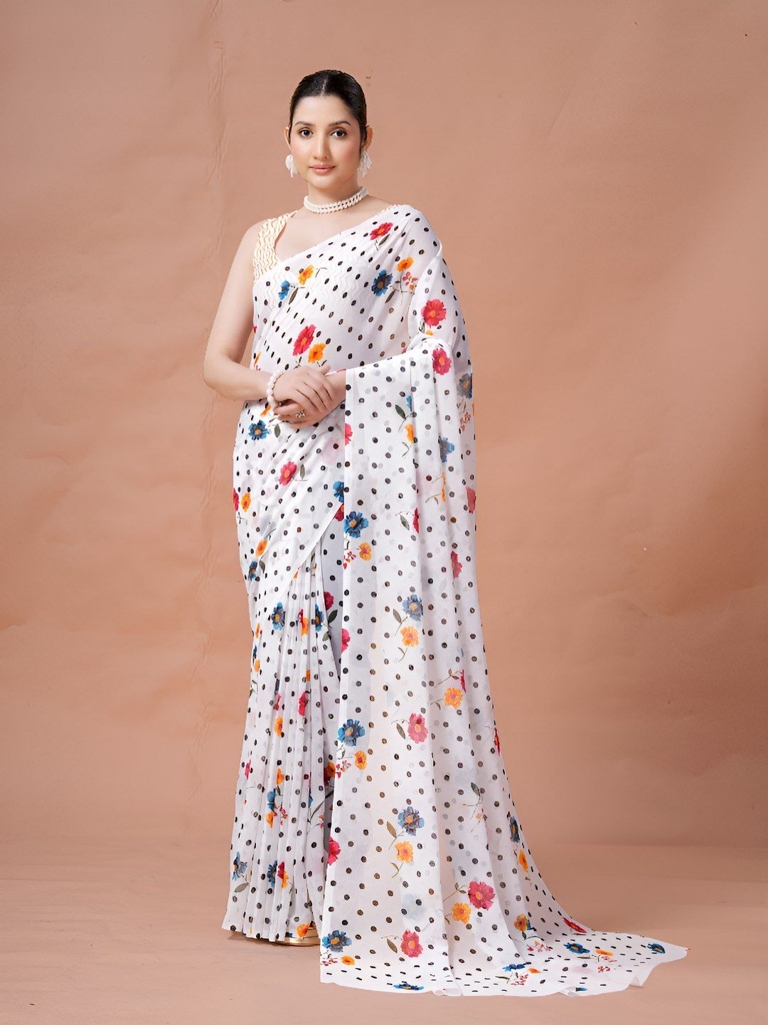 Garden Vareli Polka Dot Floral Printed Saree With Unstitched Blouse Piece-image-2
