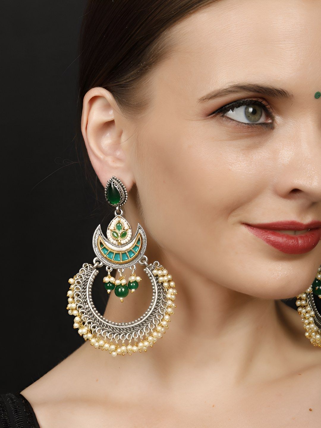 VIVAZS Silver-Plated Oxidised Stones Studded & Pearls Beaded Crescent Shaped Chandbalis-picture-10