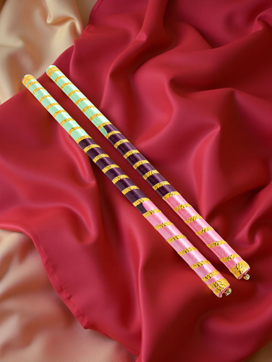 golden peacock Golden Set Of 2 Dandiya Sticks With Satin Wrap-picture-23