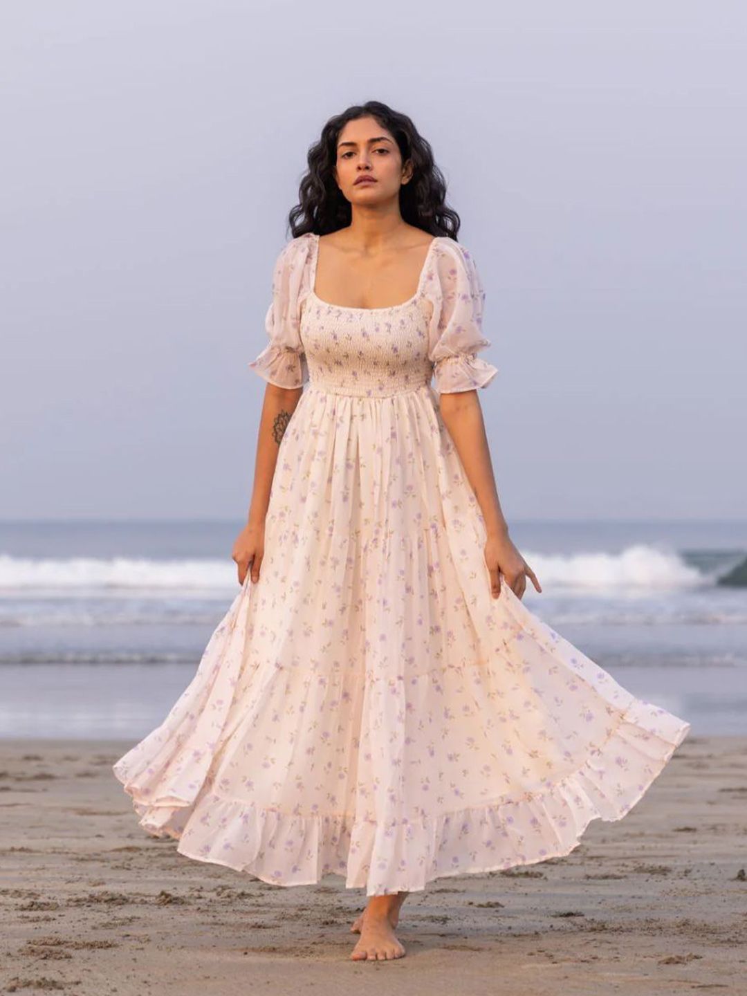 ZWERLON Floral Printed Square Neck Puff Sleeve Fit and Flare Maxi Dress-picture-33