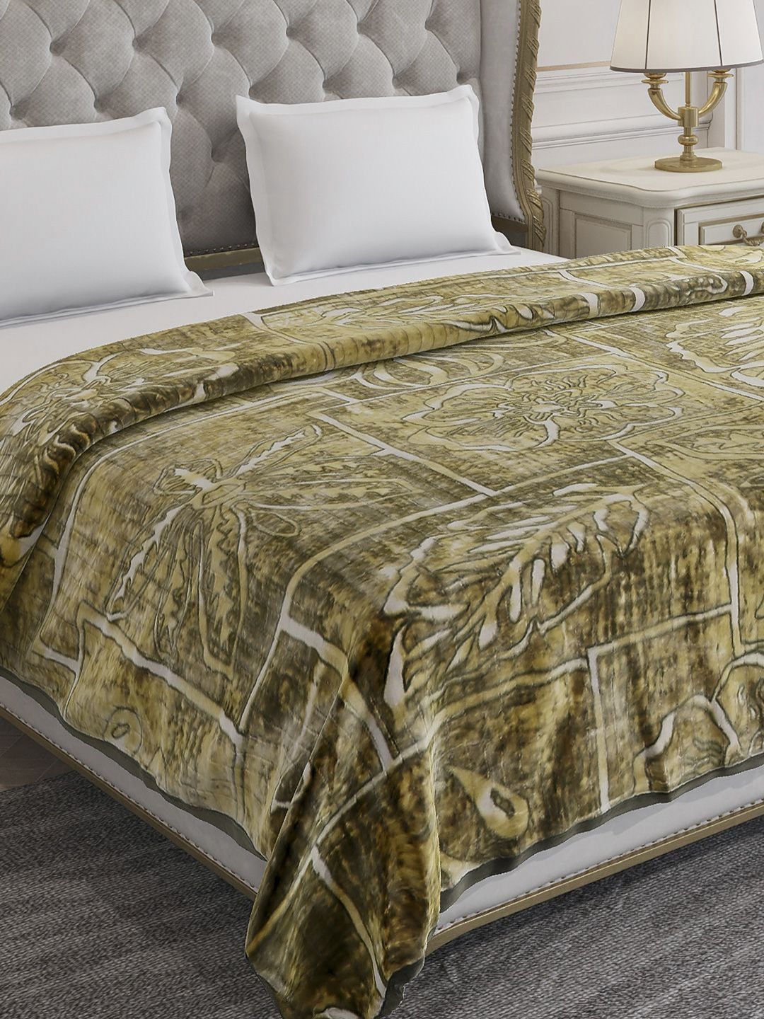 Monte Carlo Olive Green Floral Printed Heavy Winter 120 GSM Double Bed Blanket-image-3