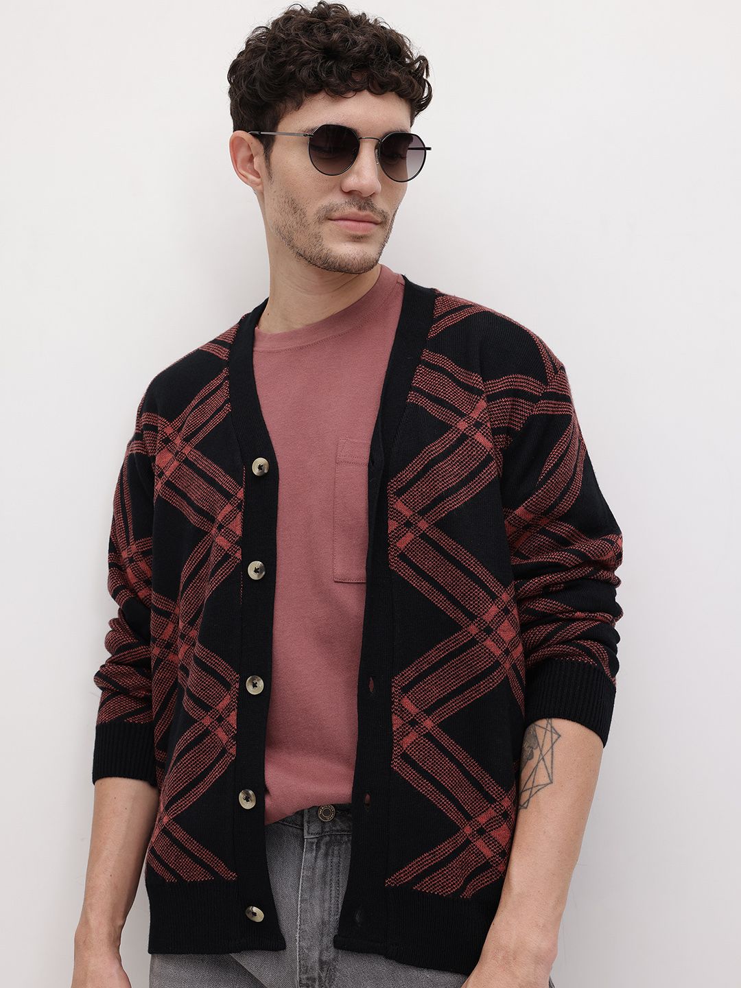 The Roadster Life Co. V-Neck Checked Cardigan Sweaters-picture-38
