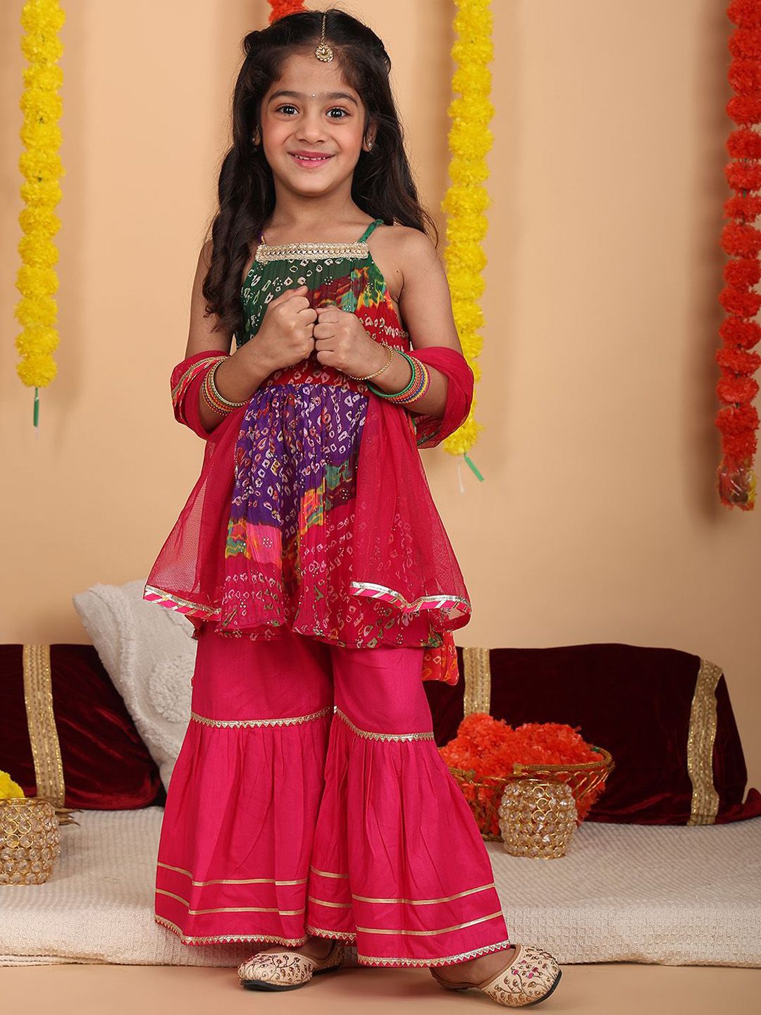 Here&Now X Kinder Kids Girls Bandhani Printed Pure Cotton Kurti with Sharara & Dupatta-picture-45