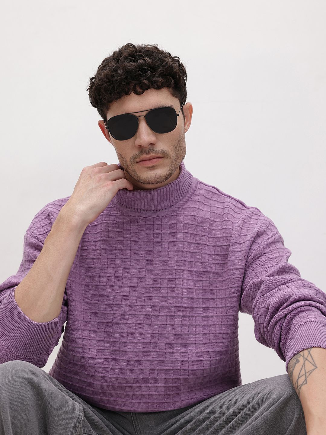 The Roadster Life Co. Self Striped Turtle Neck Pullover-picture-33