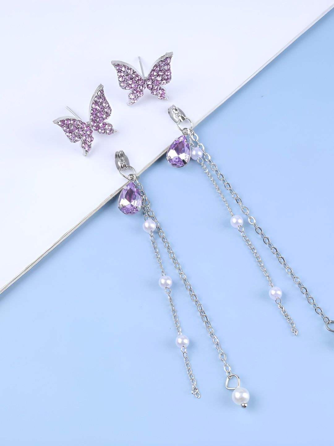 LIMRO Silver-Plated Stones Studded And Pearls Beaded Butterfly Drop Earrings-picture-27