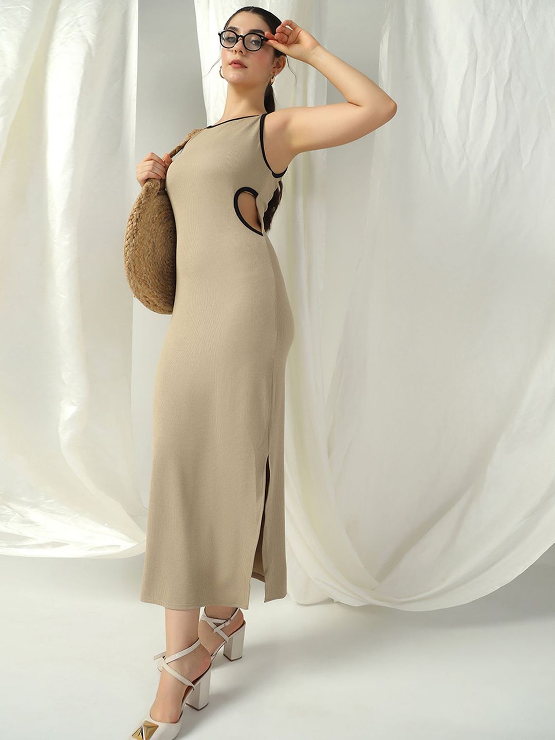 Selvia Women Bodycon Maxi Dress with Side Cut-Out & Contrast Piping-picture-42