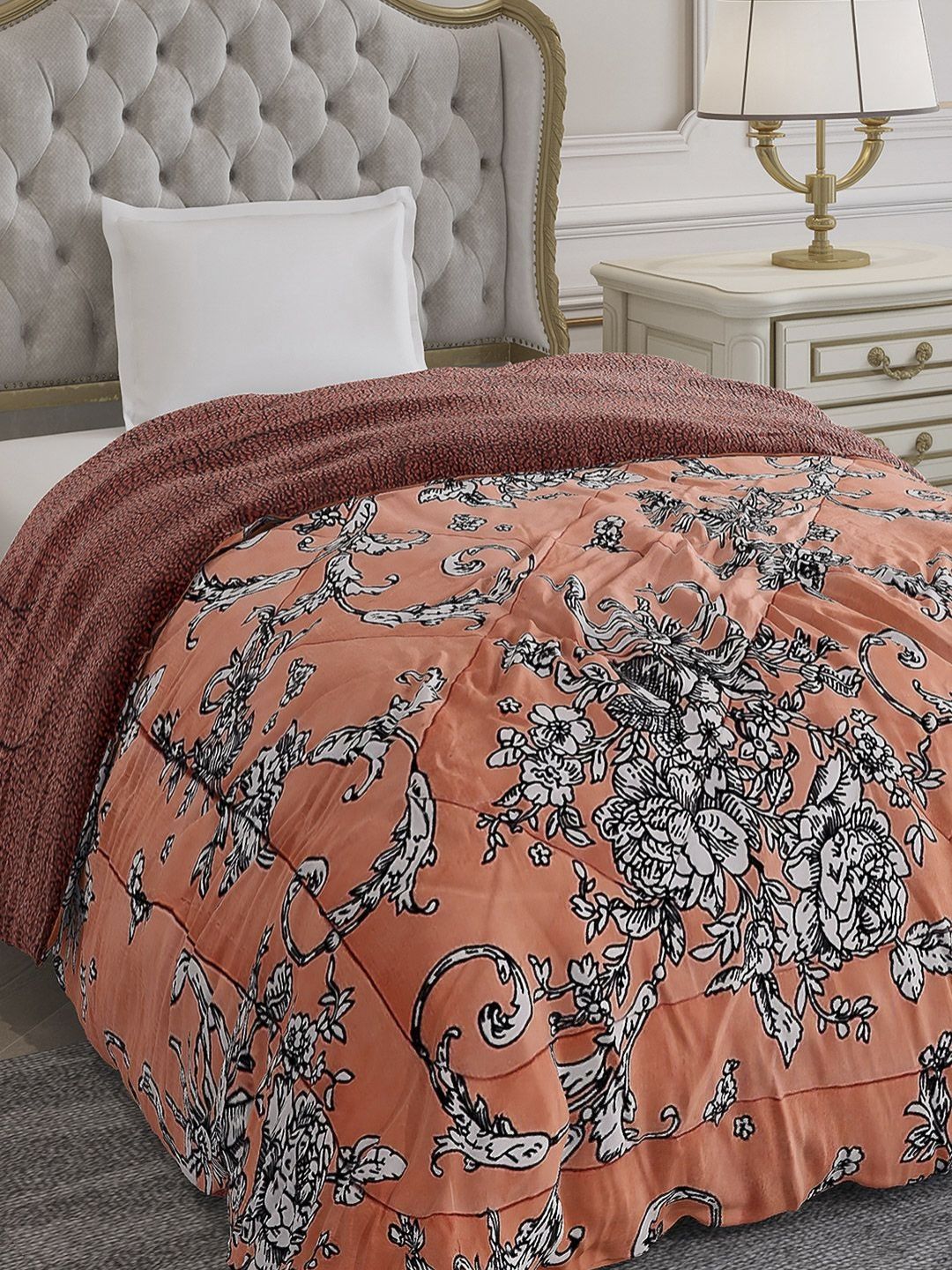 Monte Carlo Orange & White Floral Printed Heavy Winter Single Bed Comforter 1114 GSM-image-8