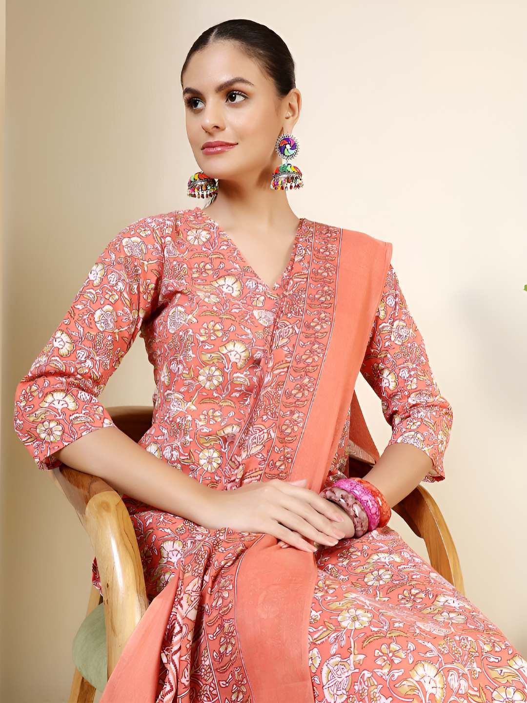 Anouk Rustic Floral Printed V-Neck Pure Cotton Straight Kurta With Trousers & Dupatta-picture-34