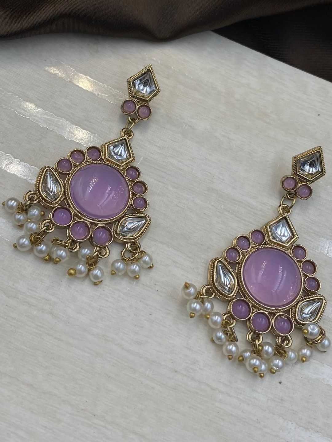 Fashion Theme Women Kundan Studded Brass Plated Circular Drop Earrings-picture-14