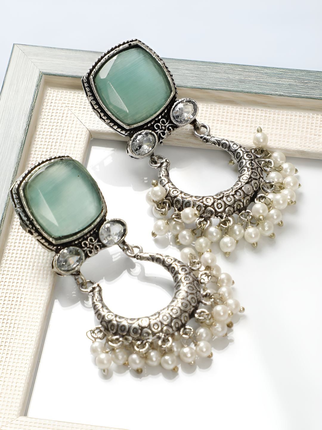 VIVAZS Silver Plated Oxidised Artificial Stones Studded & Beaded Square Drop Earrings-picture-15