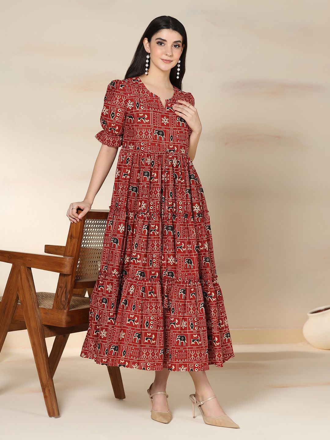 Mizaz Ethnic Motifs Printed Puff Sleeves Tiered Fit & Flare Midi Dress-picture-19