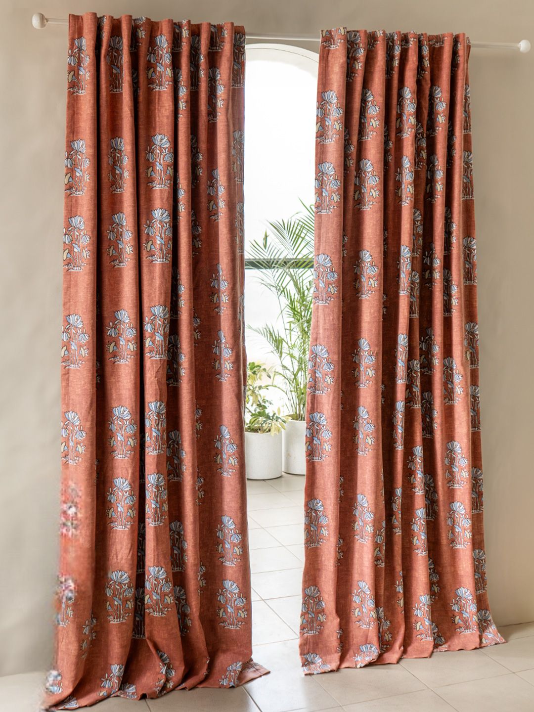 Tranquebar Home Coral 2 Pcs Floral Printed Fade Resistant Black Out Window Curtains-image-33