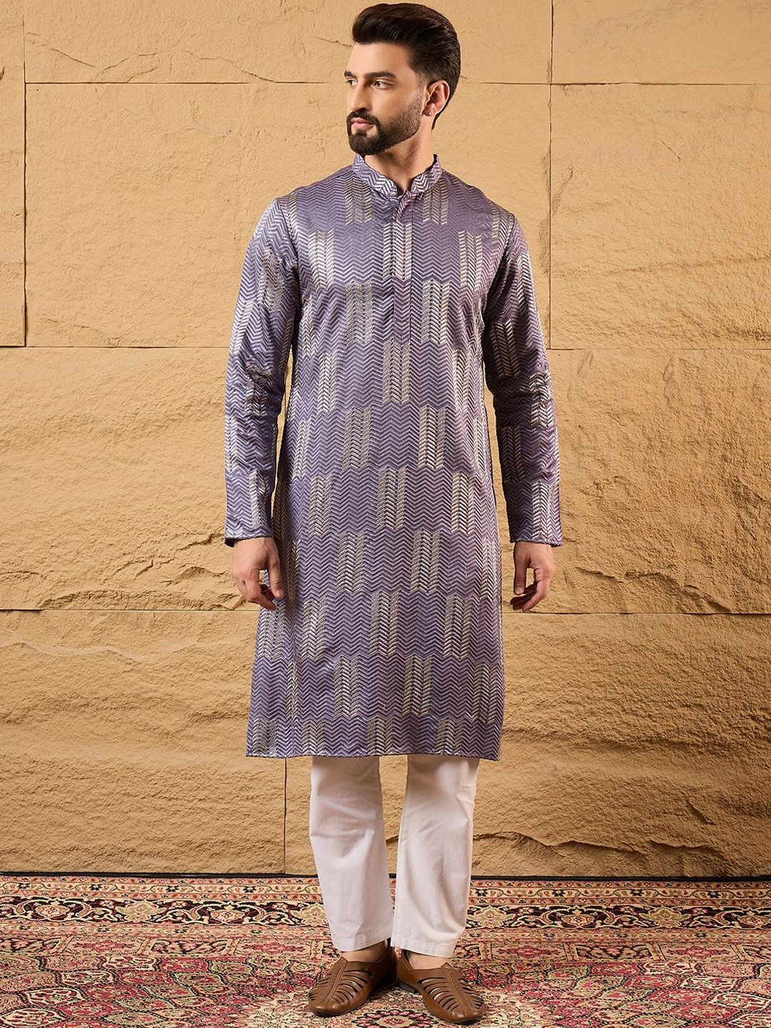 House of Pataudi Men Geometric Printed Daily Silk Straight Kurta-image-36