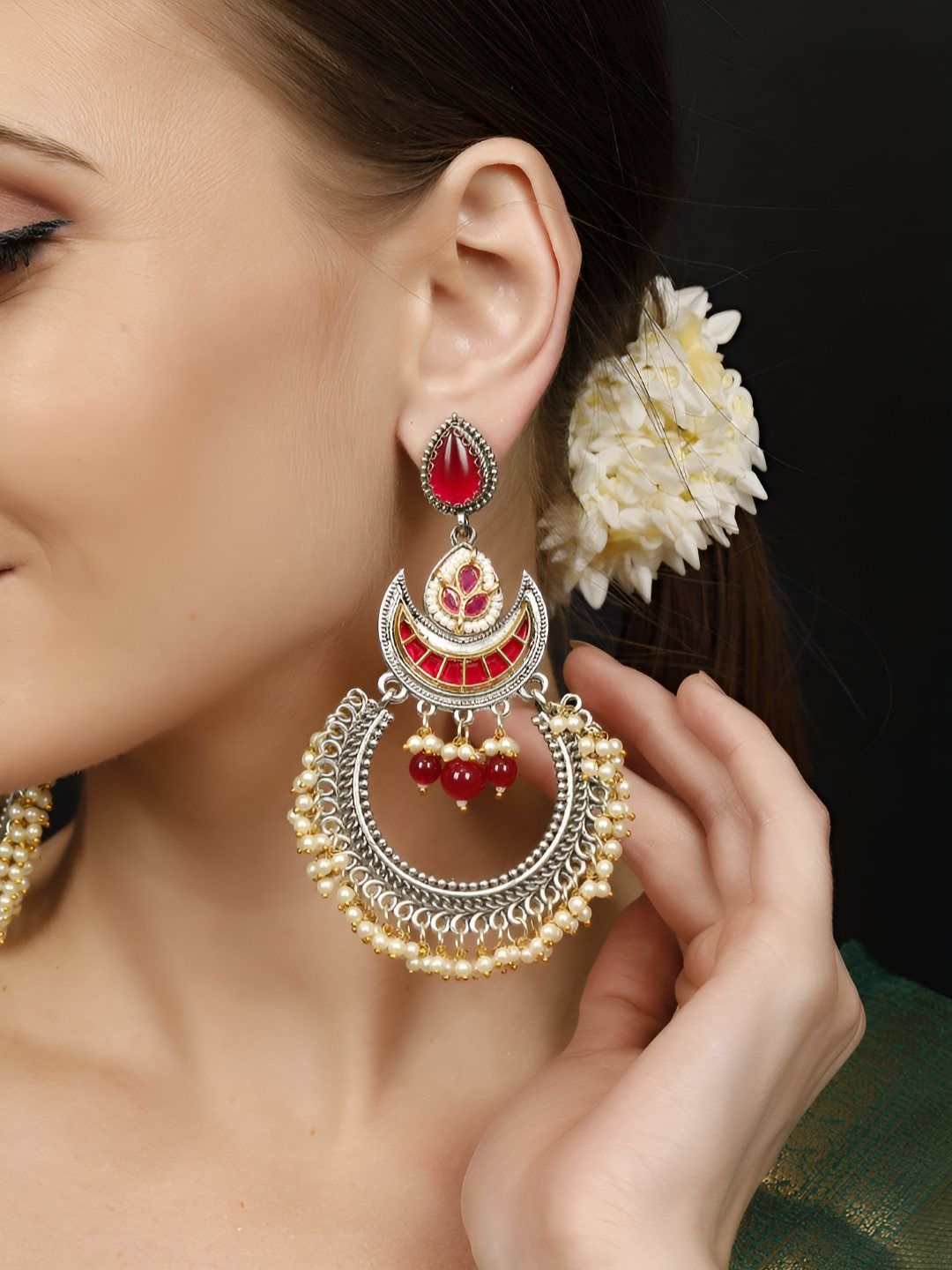 VIVAZS Silver-Plated Oxidised Stones Studded & Pearls Beaded Crescent Shaped Chandbalis-picture-16