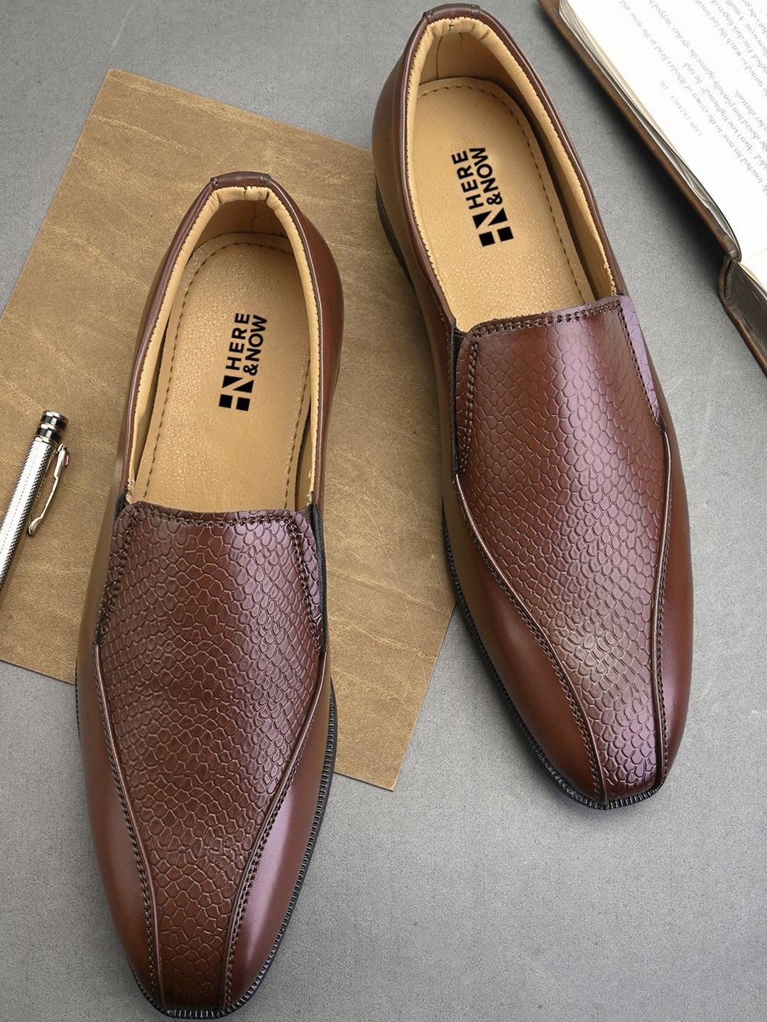 HERE&NOW Men Brown Leather Textured Formal Loafers-picture-25