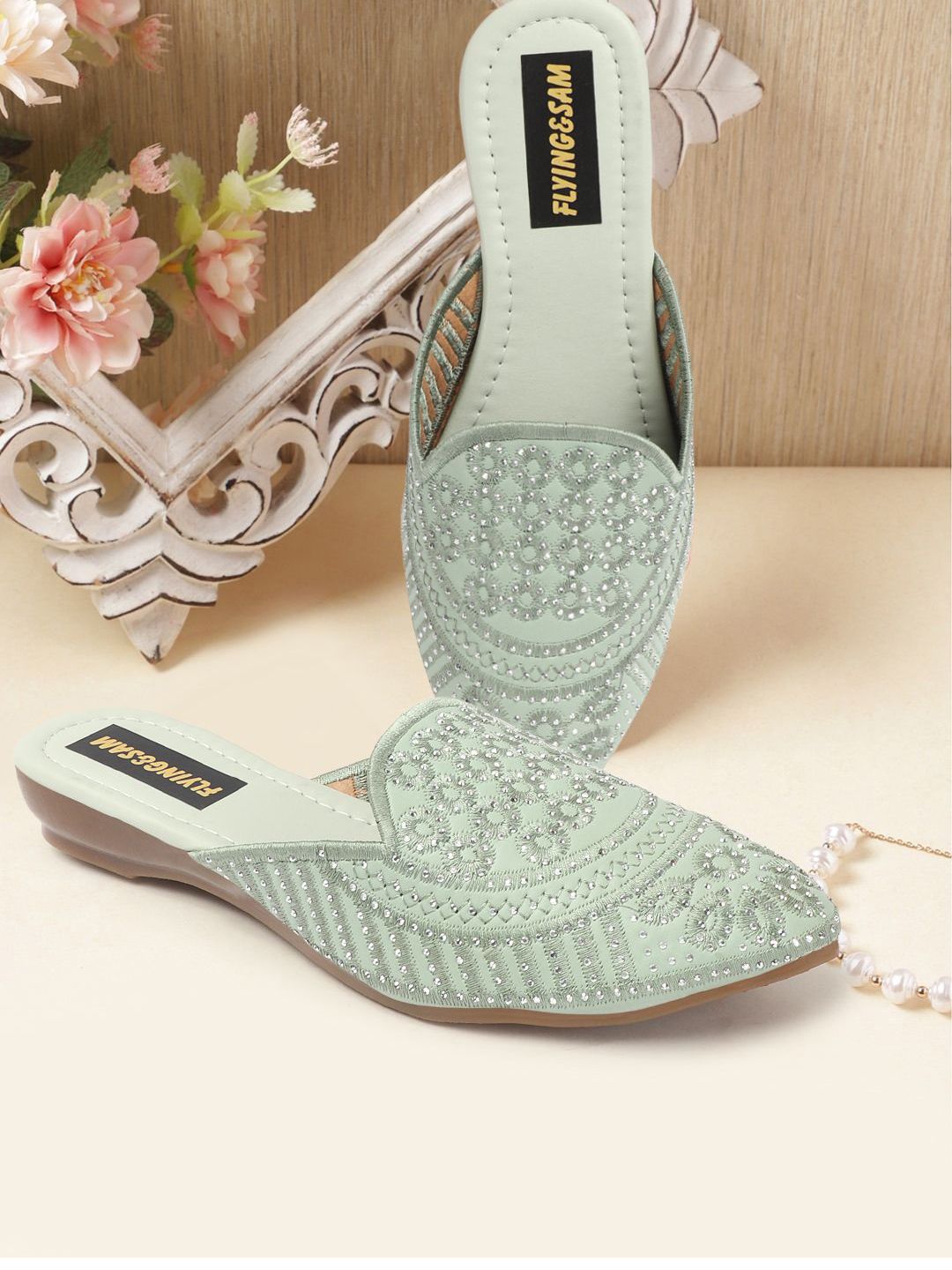 FLYING&SAM Women Ethnic Embellished Pointed Toe Embroidered Mules Flats-picture-34