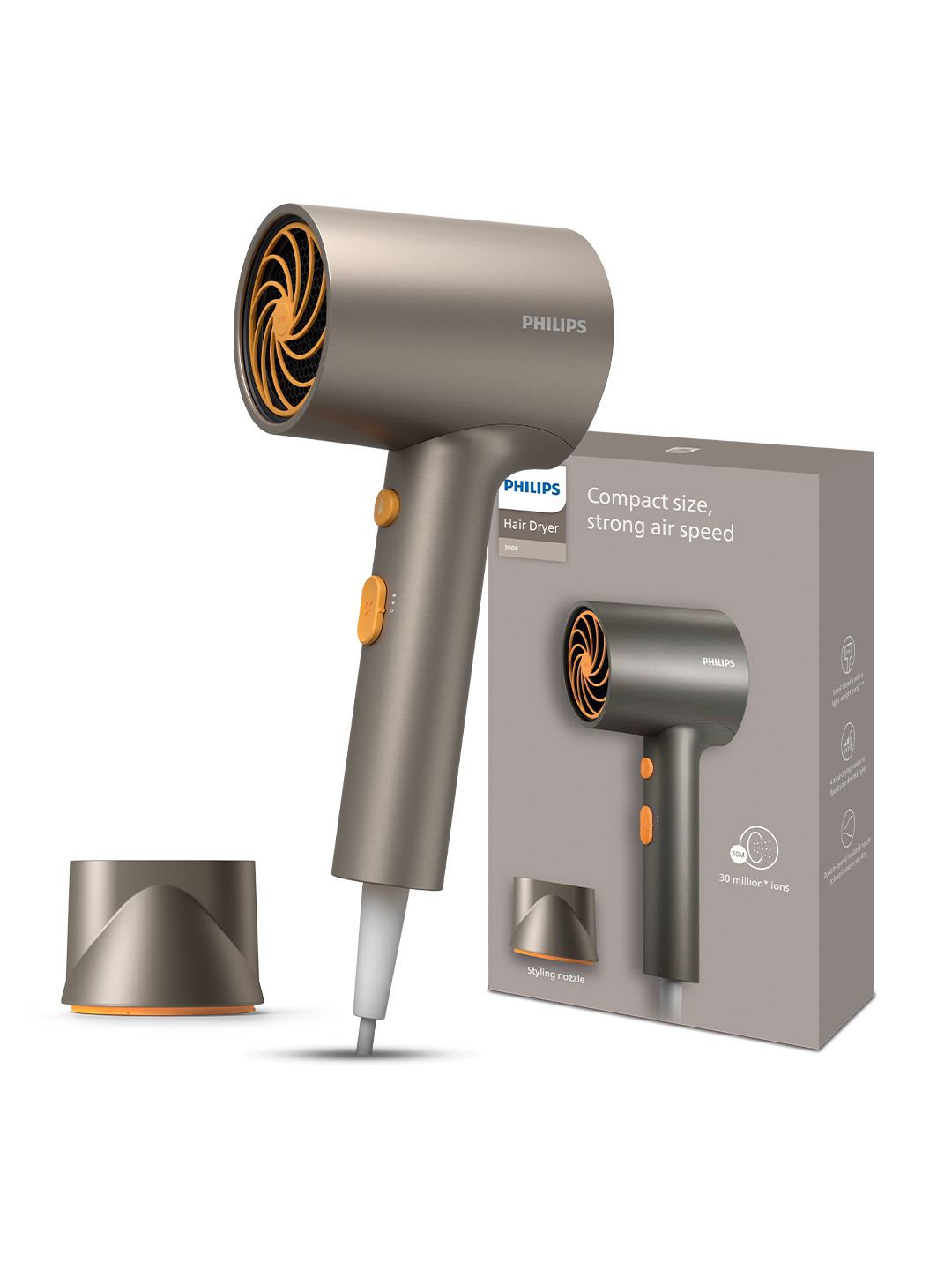 Philips BHD321/06 1600W Hair Dryer with 4 Heat & Speed Modes - Brown & Orange
