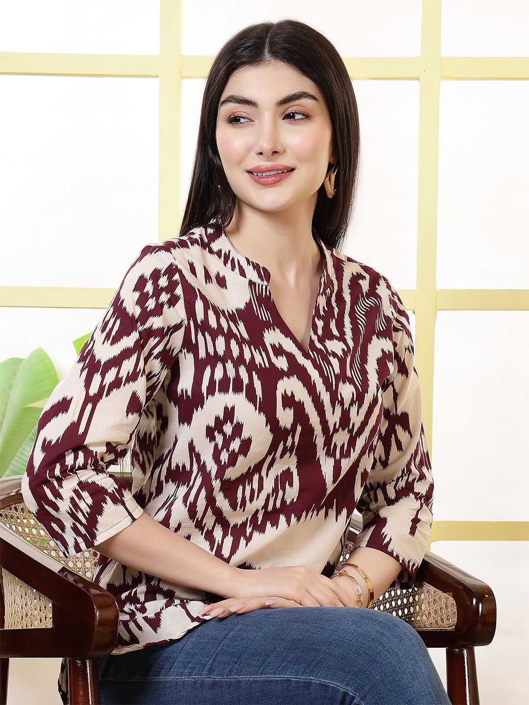 KALAMIR Women Abstract Printed Mandarin Collar Regular Top-picture-24