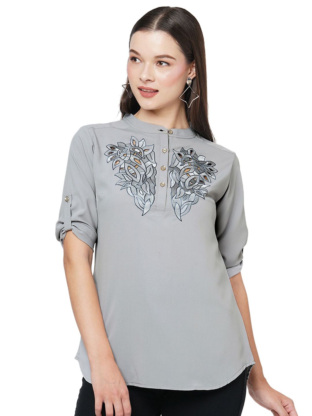 G0-4 IT Women's Solid Embroidered Mandarin Collar Regular Top-picture-24