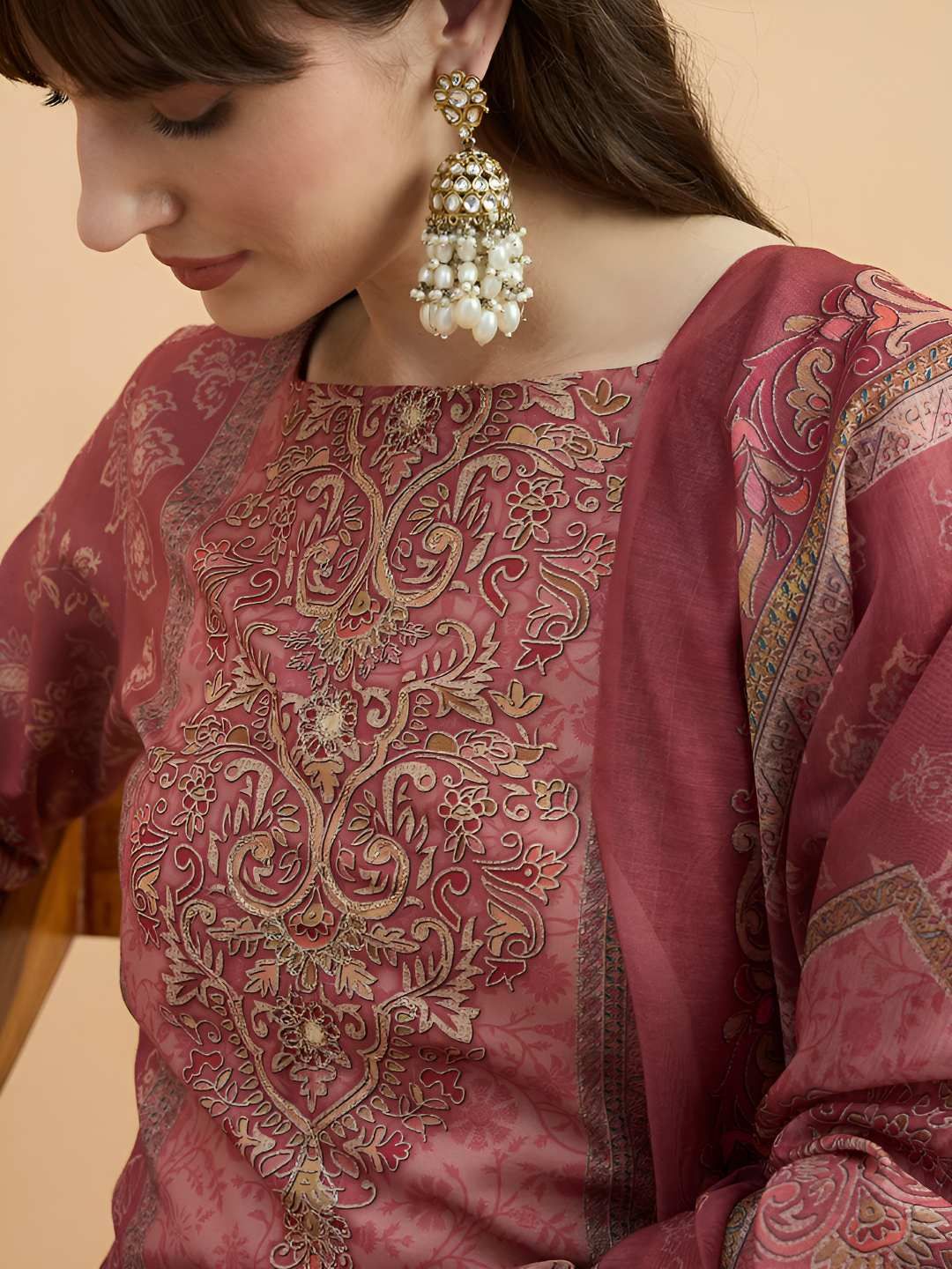 Anouk Rustic Floral Printed Boat Neck Thread Work Straight Kurta With Trousers & Dupatta-picture-21