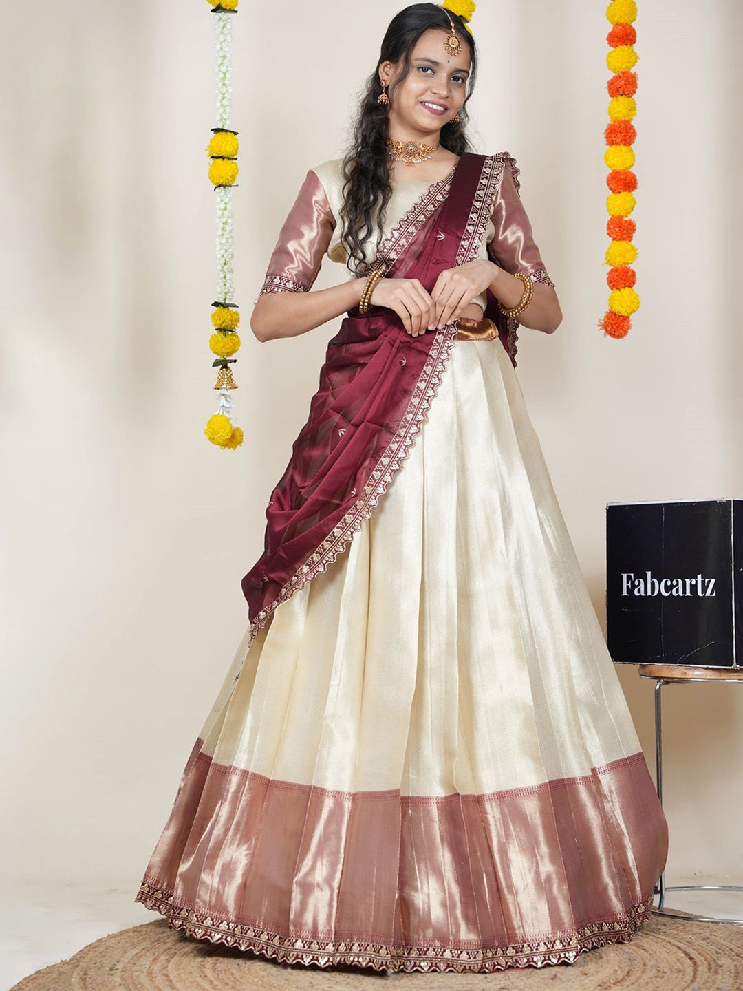 Fabcartz Embroidered Semi-Stitched Silk Lehenga & Unstitched Blouse With Dupatta-image-12