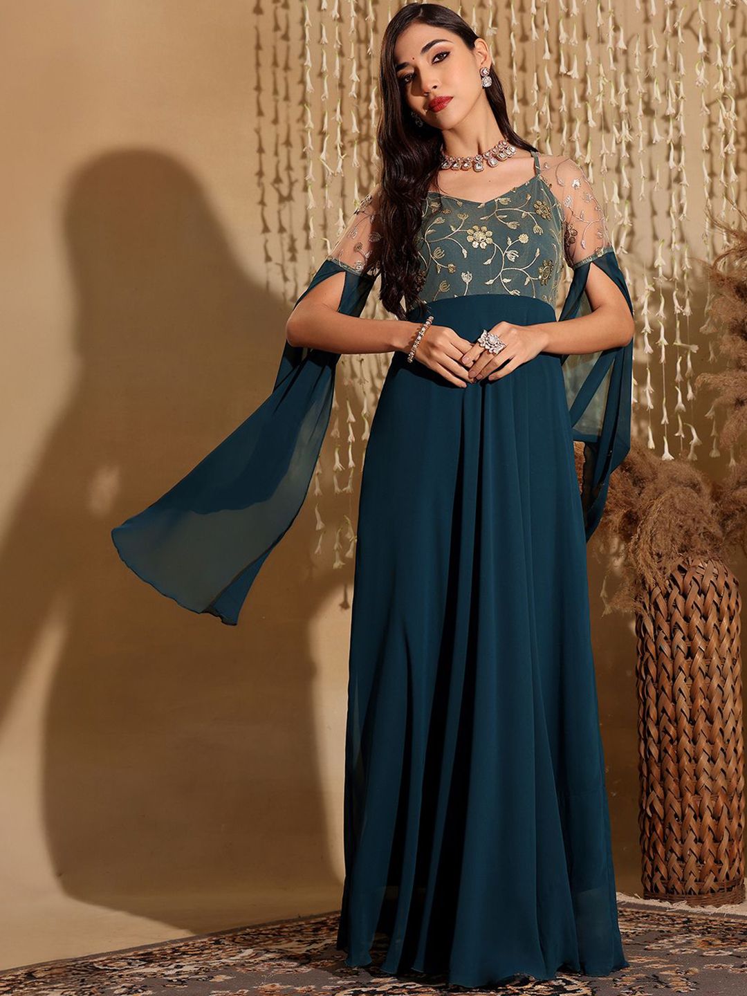 Miss Chase Women Floral Embroidered Slit Sleeve Maxi Dress-picture-11