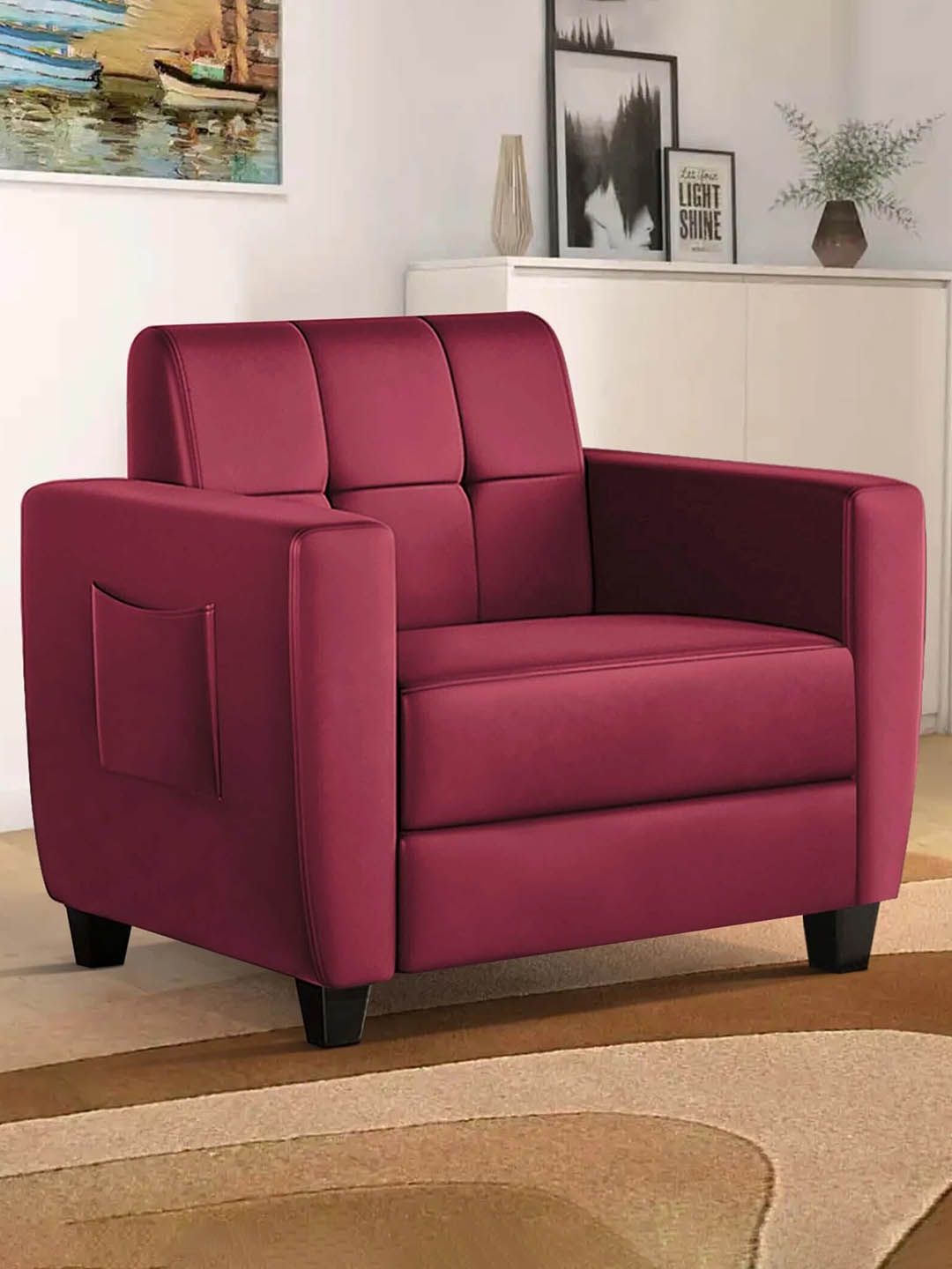 ARRA Maroon Velvet Remo Tufted Back Fabric 1 Seater Sofa