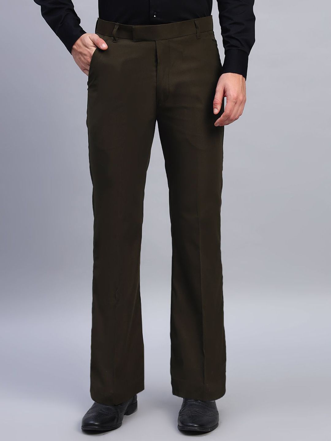 AXNIS Men Smart Bootcut Mid-Rise Pleated Cotton Formal Trousers-picture-11