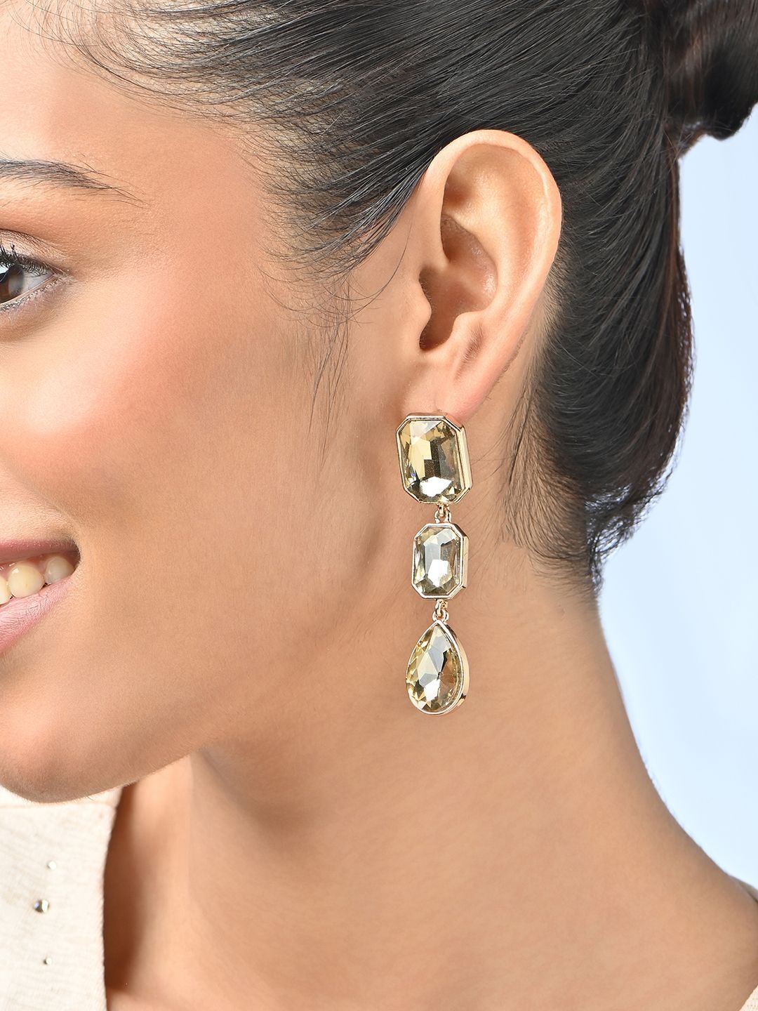 ToniQ Gold Plated Artificial Stones Studded Chandelier Teardrop Shaped Drop Earrings-picture-35