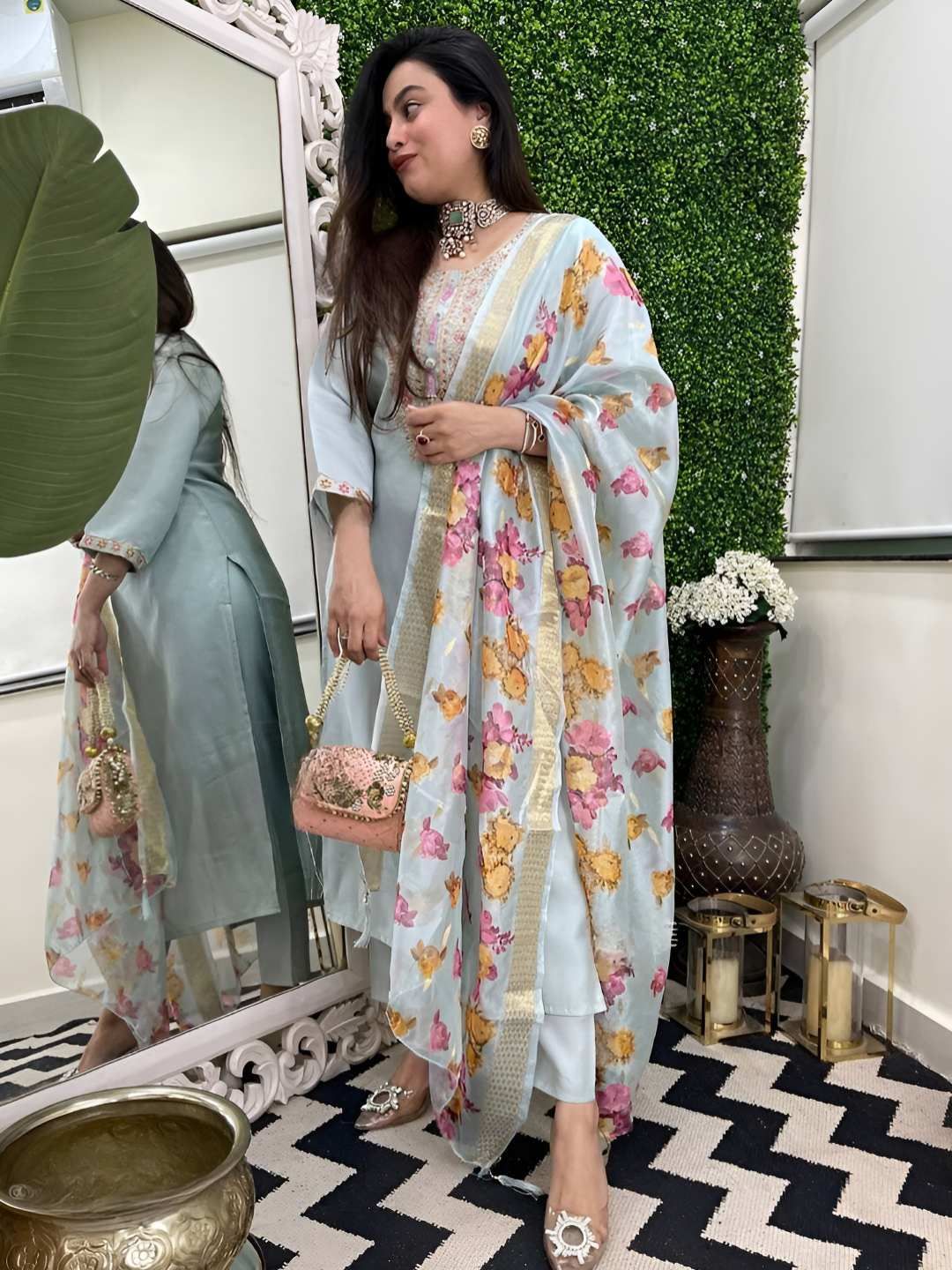 Lilots Women Floral Embroidered Regular Thread Work Chanderi Silk Kurta with Trousers & With Dupatta-picture-37