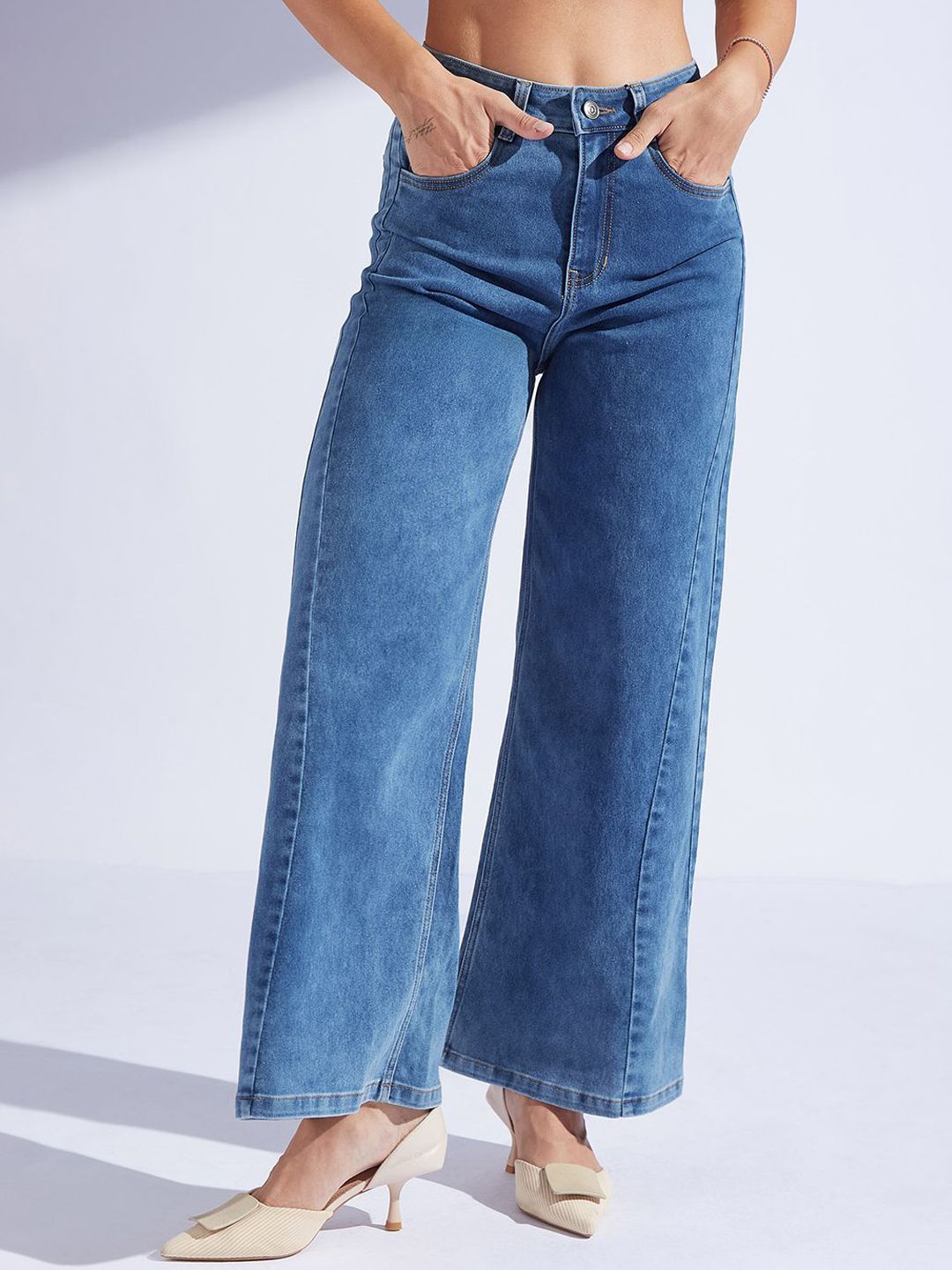 Miss Chase Mosslight Meadow Women Wide Leg High-Rise Light Fade Stretchable Jeans-image-44