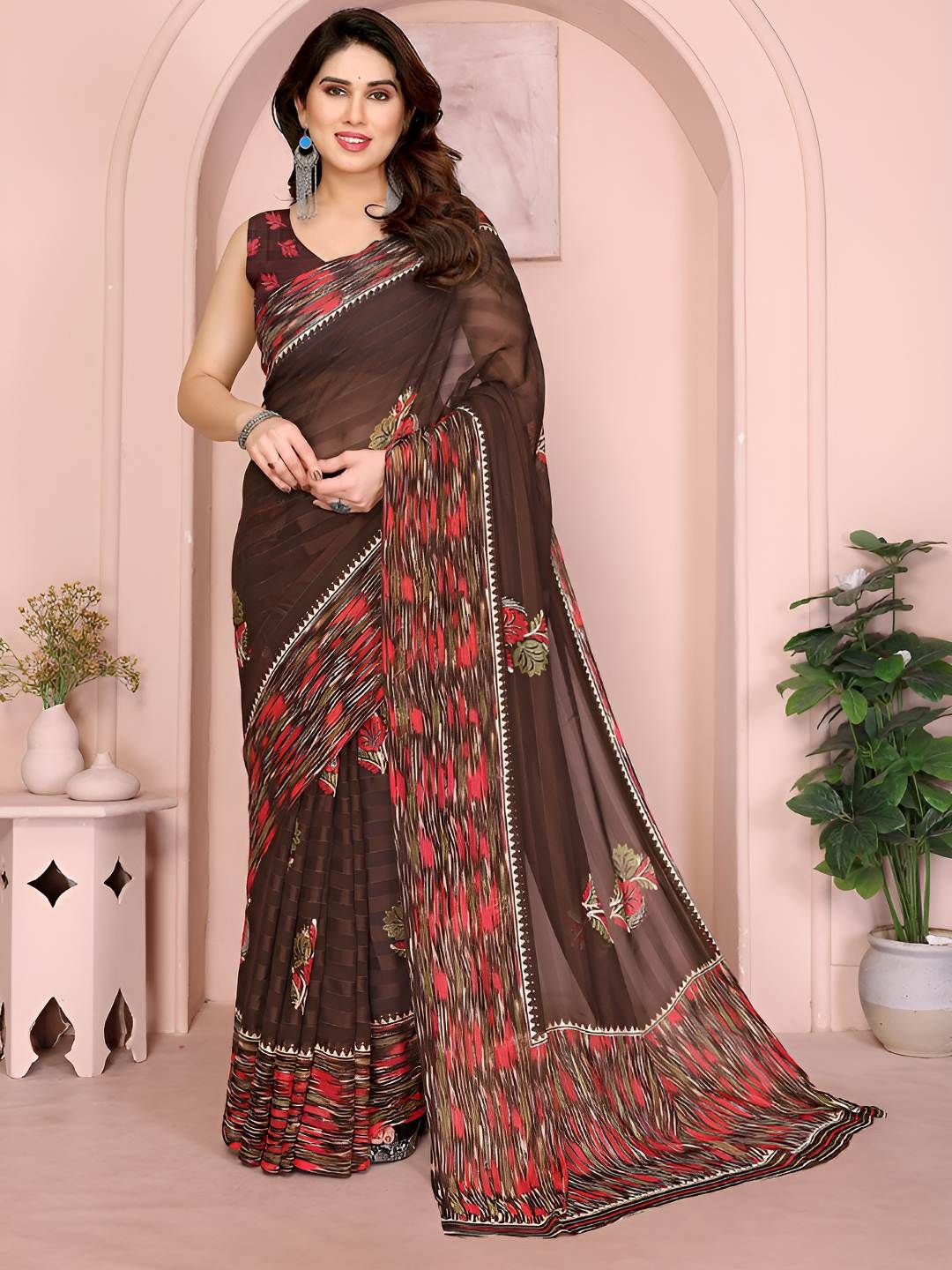 FABMORA Floral Printed Pure Georgette Saree-picture-25
