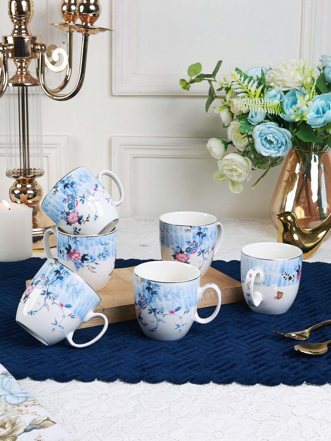 vigneto Spring Meadows Gold Toned 6 Pieces Floral Printed Porcelain Mugs 200ml Each-image-15