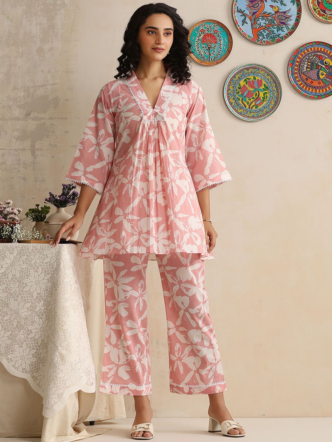 Khushal K Printed Cotton V-Neck Three Fourth Sleeve Top With Trouser Co-Ords-picture-30