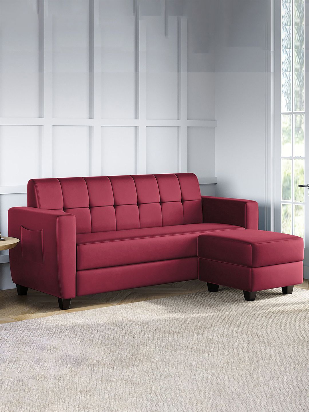 ARRA Maroon Remo Tufted Back Fabric 4 Seater Sofa With Ottoman