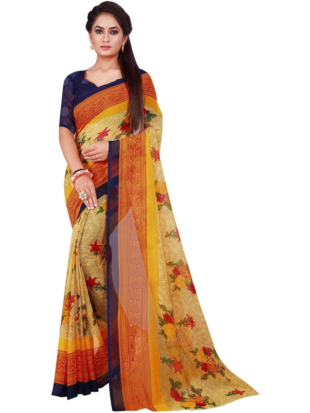 Moda Rapido Beige Floral Pure Georgette Saree-image-1