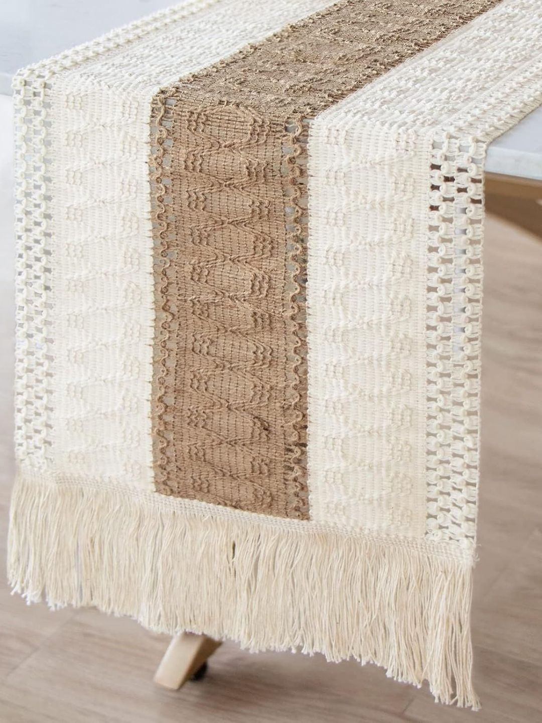 Alexvyan Boho Beige & Off White Textured Table Runner With Tassels