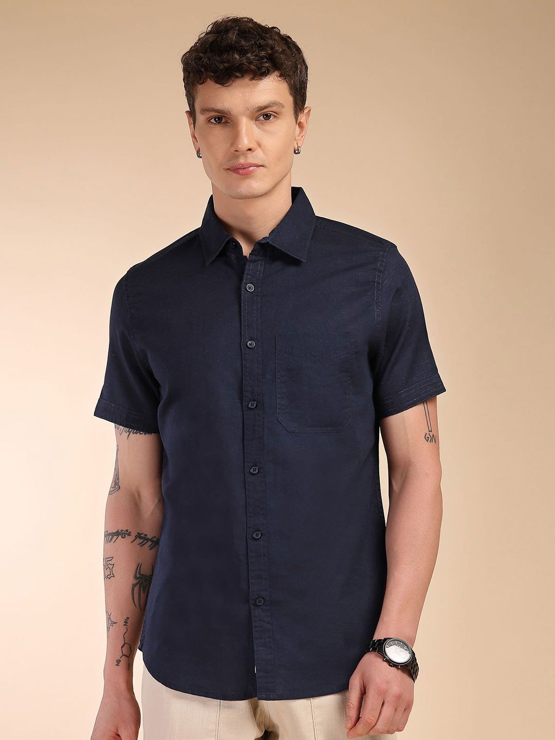 Thomas Scott Men Classic Fit Solid Spread Collar Linen Casual Shirt-picture-11