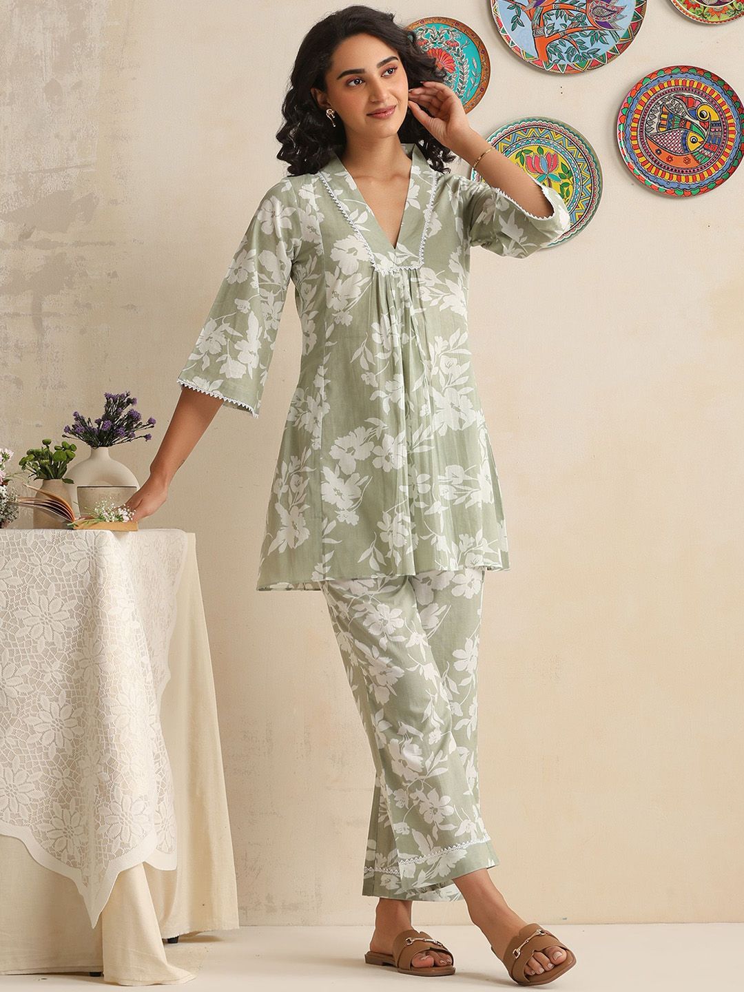 Khushal K Printed Cotton V-Neck Three Fourth Sleeve Top With Trouser Co-Ords-picture-14