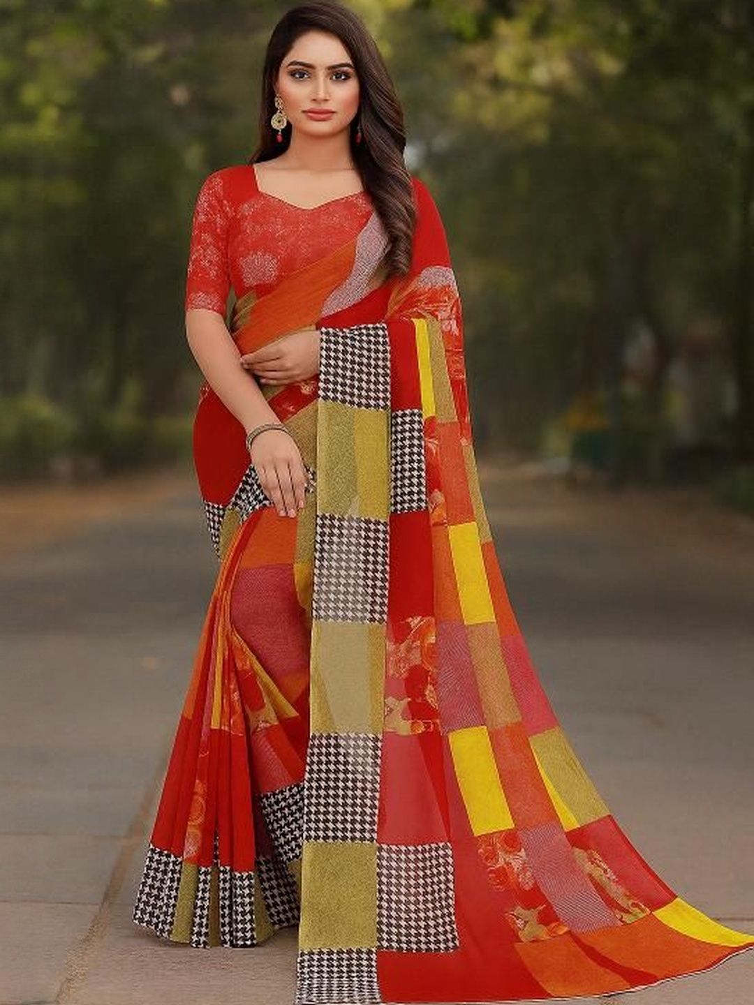 Moda Rapido Women Red Printed Pure Georgette Saree-picture-26