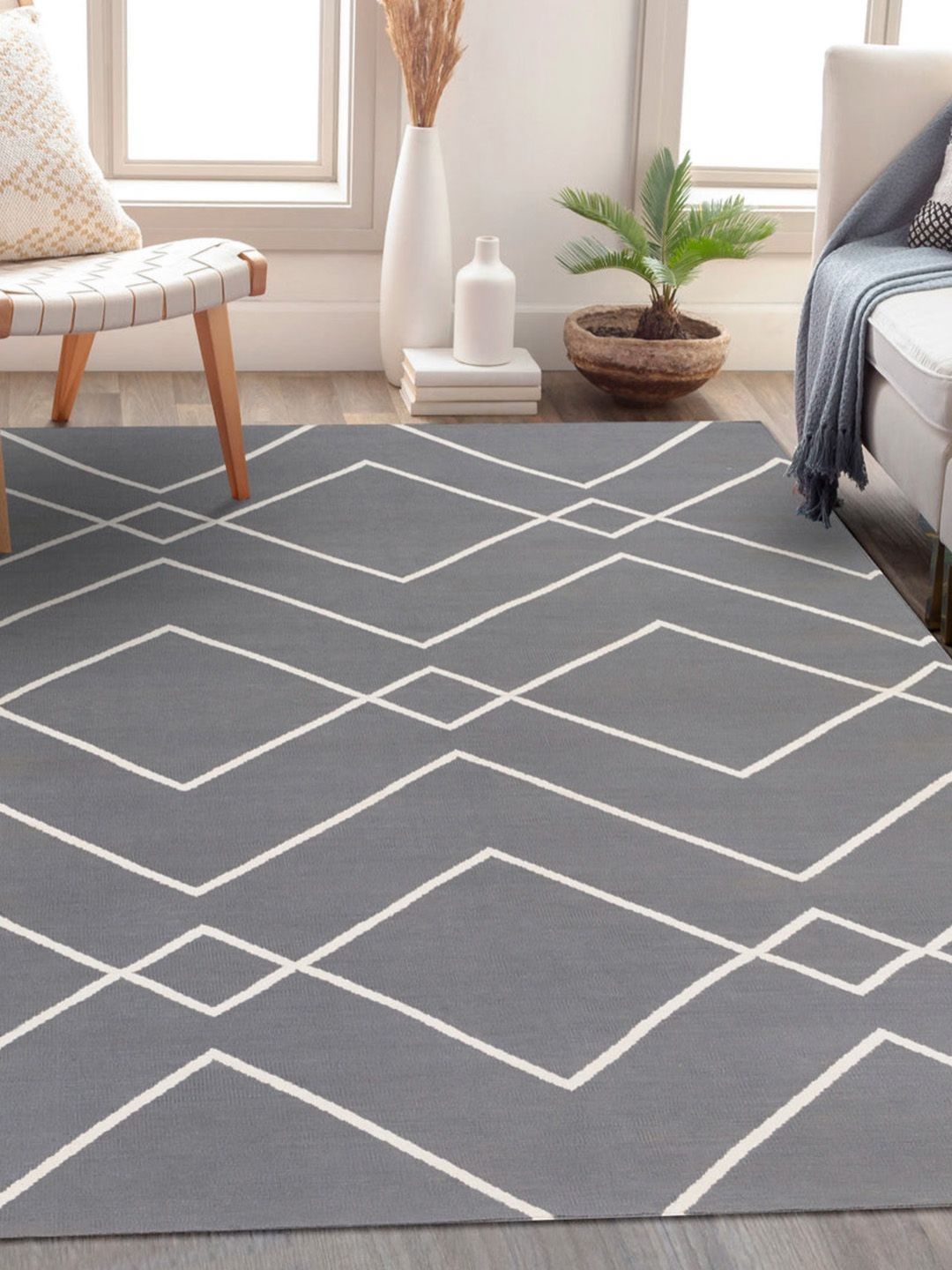 Surya Living Grey & White Geometric Anti-Skid Cotton Carpet
