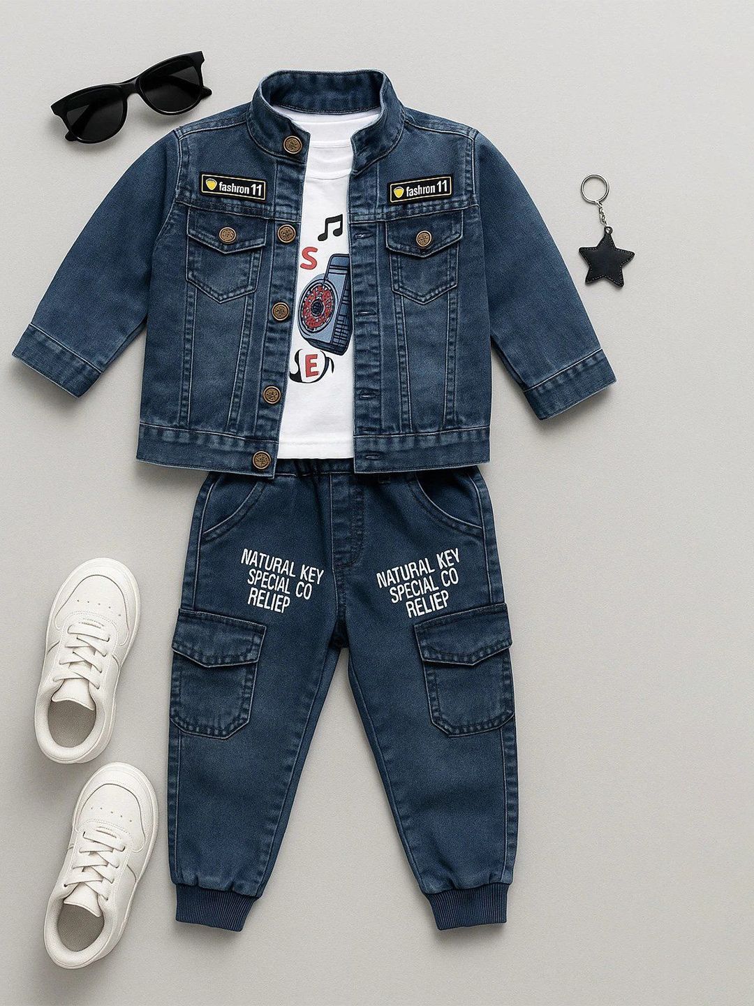 Shirazi Boys Embroidered Band Collar Denim Coat With Trousers-picture-51