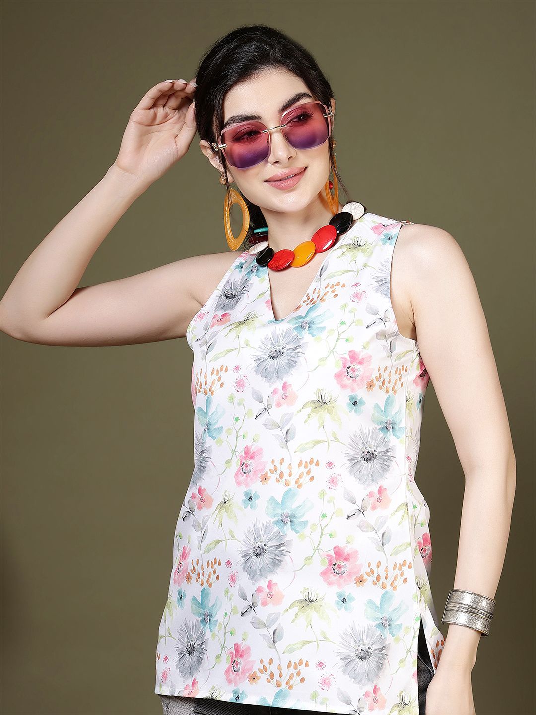 Anouk Rustic Floral Printed V-Neck Pure Crepe Kurti-picture-46