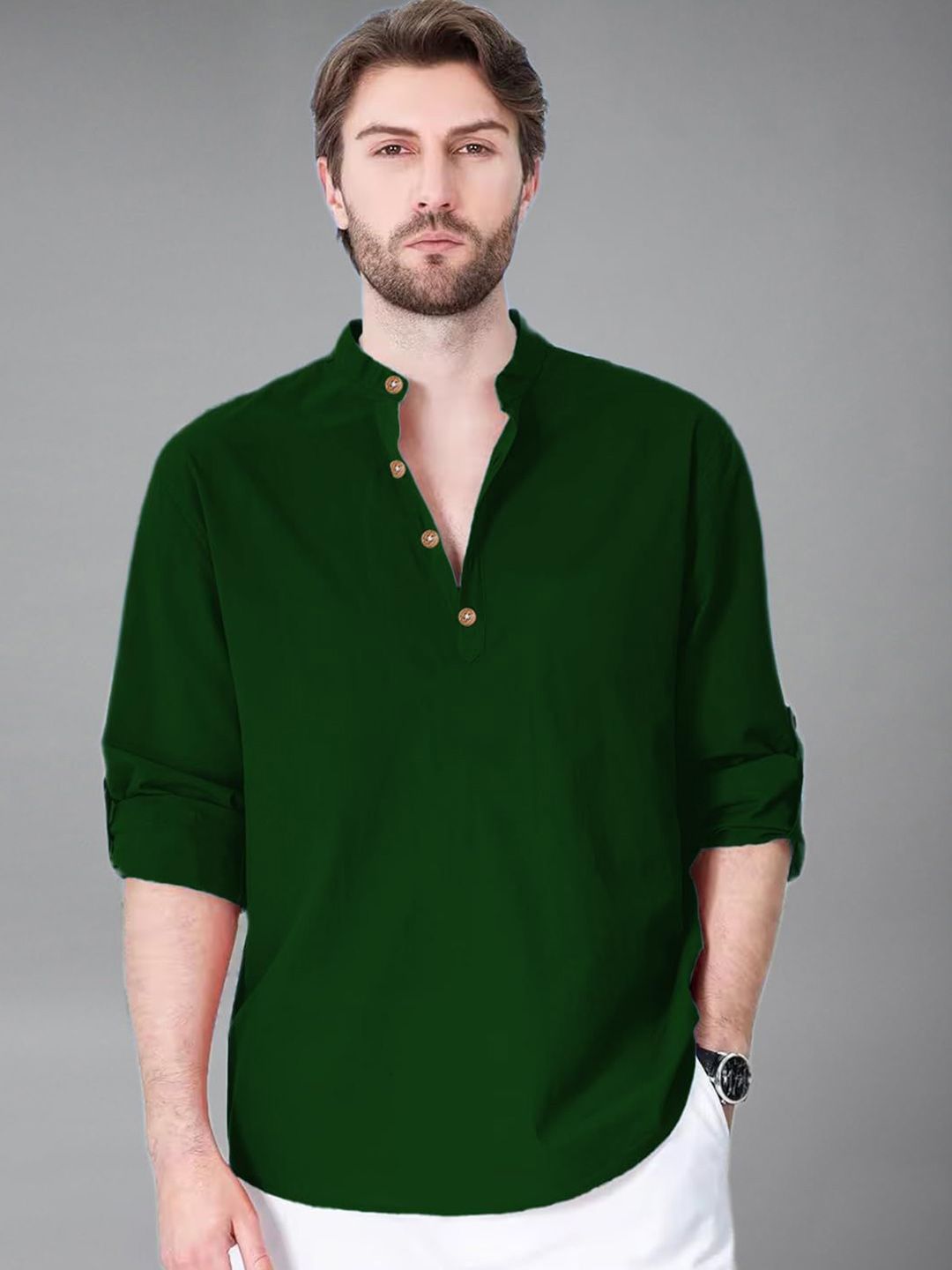 Vida Loca Men Band Collar Roll-Up Sleeves Straight Short Kurta-picture-48