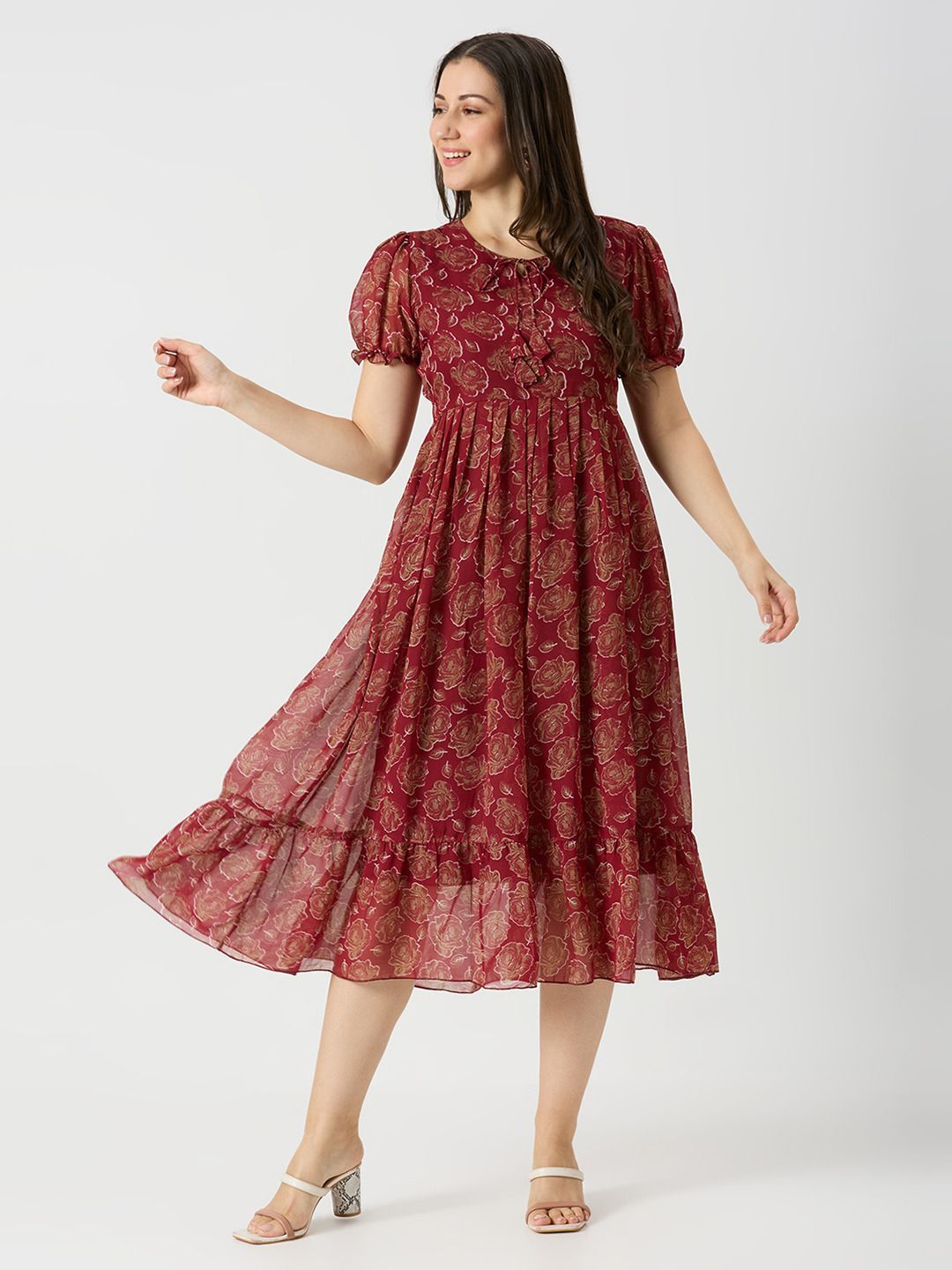 BAESD Women Tie-Up Neck Floral Print Puff Sleeve Fit & Flare Dress-picture-29