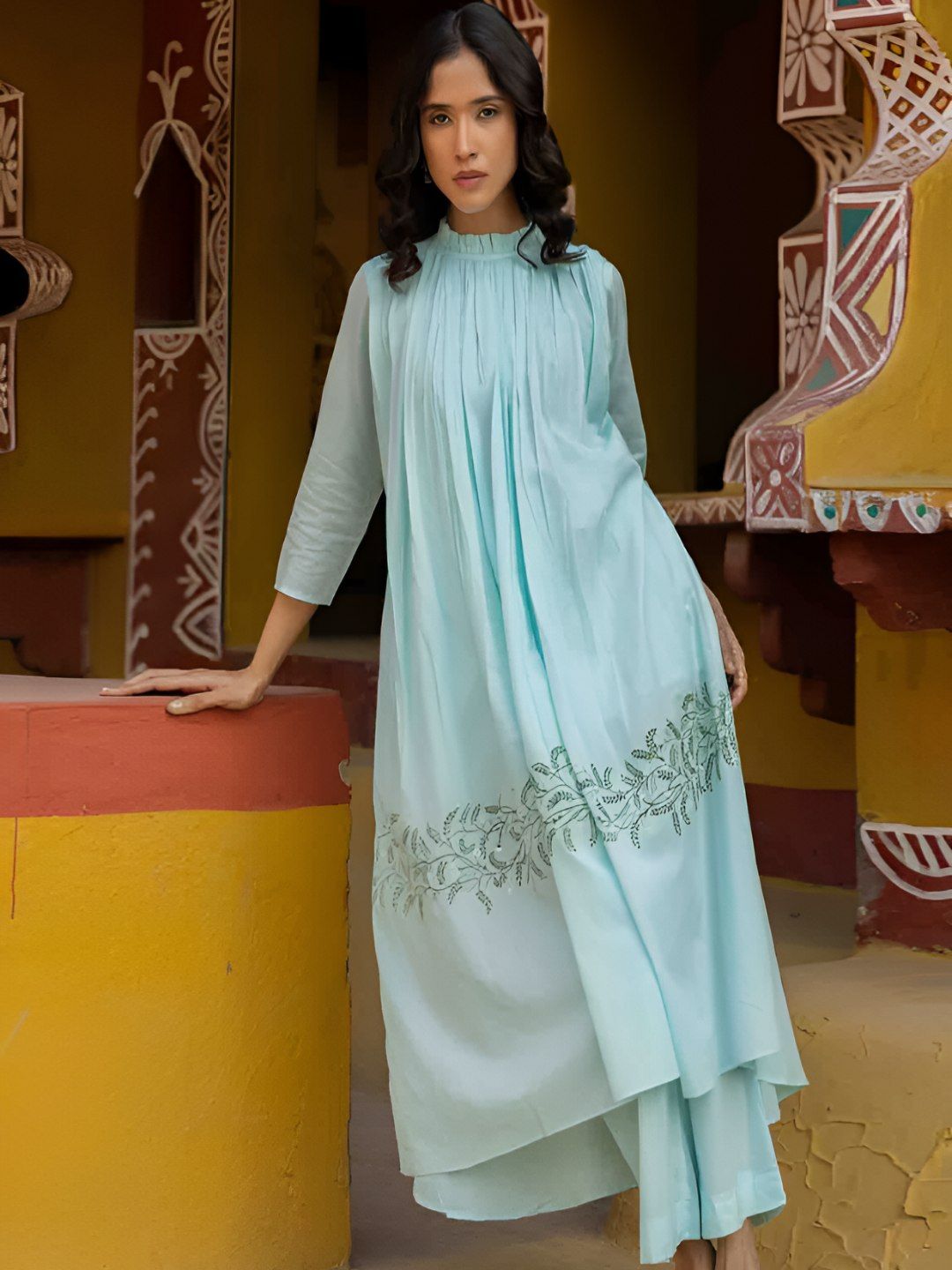 TERHA TAALI Floral Printed Pure Cotton Thread Work A-Line Kurta With Trousers-picture-27