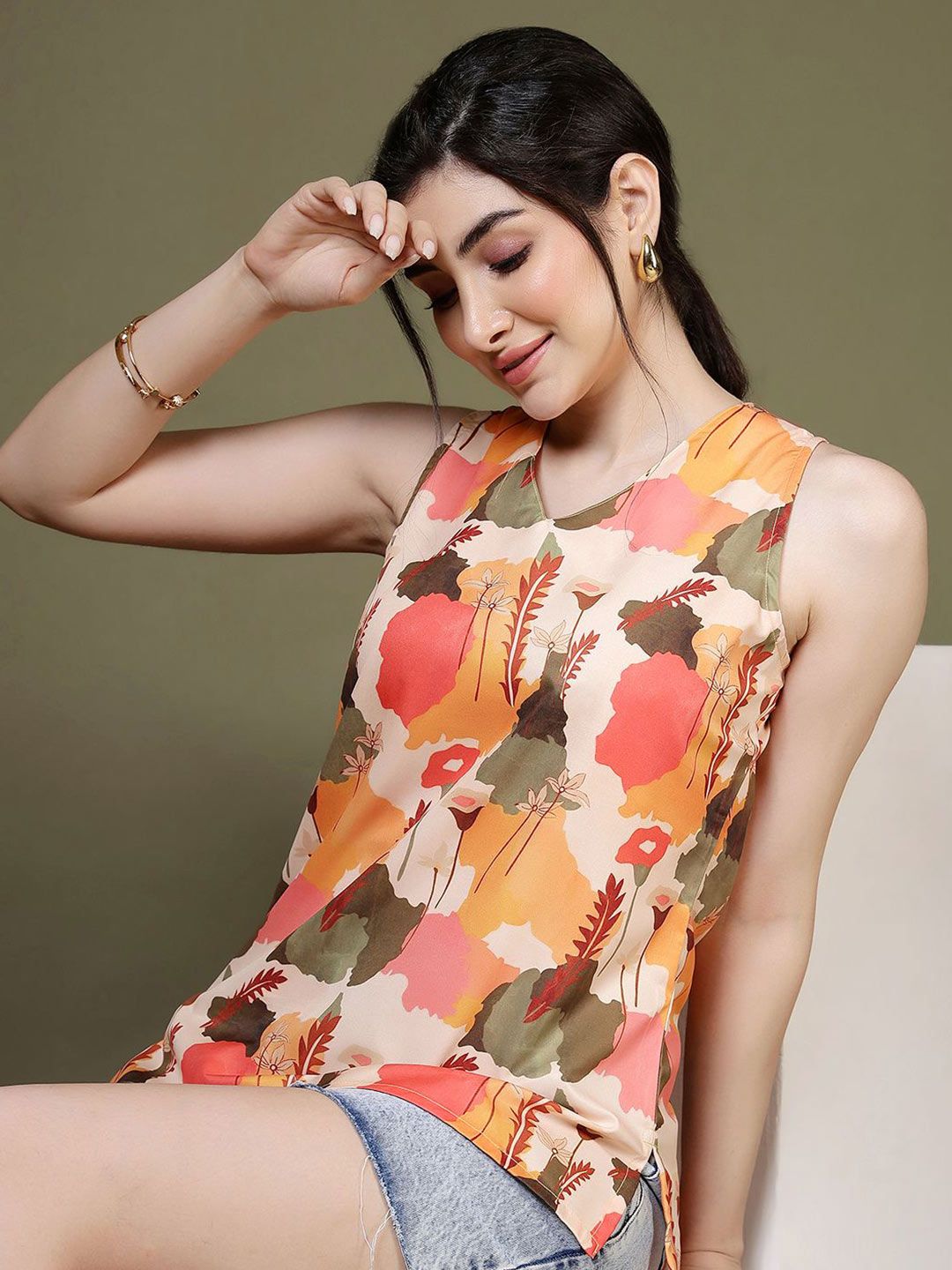 Anouk Rustic Floral Printed V-Neck Pure Crepe Kurti-picture-38